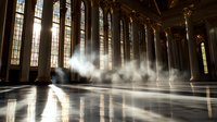 Sunlight streams through gothic windows into misty grand ballroom with ornate columns and reflective marble floor creating dramatic atmospheric scene.