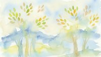 Watercolor landscape with stylized trees in soft green and blue tones. Abstract nature scene with delicate brushstrokes for spring and summer designs.