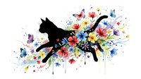 Silhouette of leaping cat with vibrant watercolor flowers, butterflies, and splashes on white background. Isolated artwork suitable for apparel, home decor, and design projects.