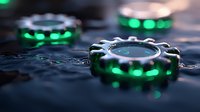 Glowing green mechanical gears with water droplets on dark metallic surface create futuristic industrial mood with dramatic lighting and reflection effects.