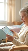 Senior woman with white hair, Caucasian ethnicity, wearing beige cardigan, engaged with tablet device in bright bedroom with natural light from window and warm curtains.