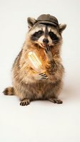 Cute raccoon wearing vintage cap holding glowing Edison bulb on white background. Creative concept for innovation, bright ideas and problem solving.