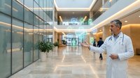 Male doctor using holographic medical technology interface in modern hospital corridor with digital healthcare data visualization.