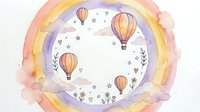 Watercolor rainbow circle frame with hot air balloons and floral elements on white background, isolated design for nursery decor and crafts.