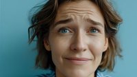 Close-up portrait of woman with blue eyes and short wavy hair expressing mixed emotions against turquoise background.