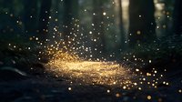 Magical forest path illuminated by golden glowing particles creating an enchanted atmosphere in dark woodland setting.