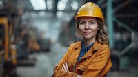 Female construction engineer wearing yellow hard hat and orange workwear standing with crossed arms at industrial site, displaying confident professional attitude.