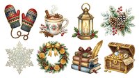 Festive winter holiday collection featuring knitted mittens, decorative teapot, brass lantern, pine cone arrangement, snowflake, wreath, stacked gifts and open treasure chest. Isolated clipart elements for seasonal designs.