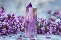 Purple amethyst crystal point surrounded by fresh lilac flowers on white wooden surface. Healing stones, meditation, spiritual wellness, aromatherapy concept.