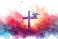 White dove perched on wooden cross against vibrant watercolor sky background with red, purple and blue abstract splashes, spiritual peace concept.