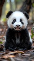 Adorable baby giant panda cub sitting on forest floor with curious expression, looking directly at camera. Black and white fur with distinctive eye patches and pink nose.