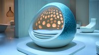 Modern spherical meditation pod with glowing perforated pattern and ergonomic seating, featuring turquoise textured exterior in minimalist spa interior.