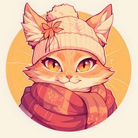 Cozy cartoon cat wearing winter knit beanie with flower decoration and warm striped scarf against orange circle background, digital art style illustration.