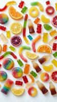 Colorful assortment of gummy candies, bears, worms, rings, and citrus slices scattered on white background, sweet treat flat lay.