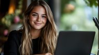 Young blonde woman smiling while working on laptop in bright modern office space with natural lighting and plants in background for business content.