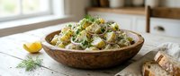 Potato salad with fresh herbs and creamy dressing served in wooden bowl, perfect for lunch, picnics, and food photography.