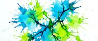 Abstract watercolor splash art with vibrant blue and green paint bursts connected by dark branching lines on white background for creative design projects.