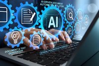 Businessman using laptop with AI automation icons for document processing, text generation and workflow optimization in modern office setting.