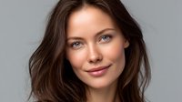 Young Caucasian woman with natural makeup, blue eyes and flowing brown hair smiling warmly at camera against neutral background. Professional portrait for beauty and lifestyle content.