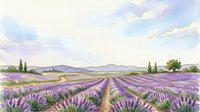 Lavender field landscape with rolling hills, cypress trees, and distant mountains under soft cloudy sky. Watercolor painting style suitable for home decor, travel themes, and nature artwork.