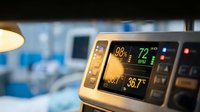 Digital medical monitor displaying vital signs and temperature readings in modern hospital intensive care unit with blurred background.