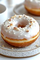 Fresh glazed donut topped with white icing and chopped hazelnuts on speckled ceramic plate. Close-up macro shot with soft natural lighting and blurred background.