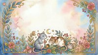 Watercolor woodland animals sleeping peacefully in floral frame with roses, leaves and hearts on soft pastel background for nursery decor and baby designs.