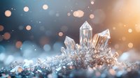 Crystal quartz formations with transparent points emerging from mineral base against dreamy bokeh background with golden light and blue tones.