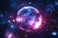 Glowing cosmic sphere with pink and blue nebula effects floating in starry space background, magical energy orb radiating light in dark universe.