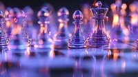 Glass chess pieces on reflective surface with purple and orange bokeh lighting effects creating dramatic atmosphere for business strategy and leadership concepts.