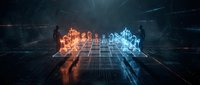 Business professionals analyzing data visualization with glowing orange and blue holographic charts in futuristic digital environment for strategic planning.