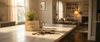 Marble kitchen counter with welcome home card, plant, and keys in warm sunlit interior, symbolizing new home ownership and moving in.