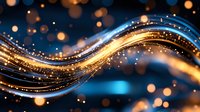 Glowing golden and blue wave with sparkling particles and bokeh effect on dark background creates magical flowing light stream effect.