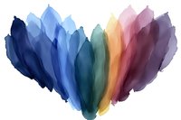 Watercolor rainbow feathers arranged in heart shape on white background. Colorful plumage design for greeting cards, wedding invitations and romantic artwork.