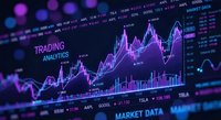 Financial trading analytics dashboard with purple neon charts and market data visualization for investment analysis and stock market monitoring interface.
