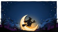 Witch flying on broomstick across glowing crescent moon with haunted castle, stars, and spooky silhouettes for Halloween designs and seasonal projects.