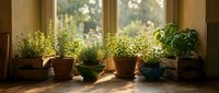 Indoor herb garden with potted plants on sunny windowsill. Fresh basil, rosemary and other culinary herbs in terracotta pots for home cooking and gardening.