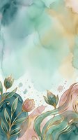 Watercolor floral background with gold line art tulips, teal and blush pink washes, and glitter splashes for cards or wall art.