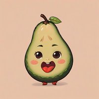 Cute cartoon avocado pear character with happy smiling face, rosy cheeks and tiny legs on beige background. Isolated mascot for healthy food branding.