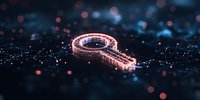 Glowing digital key symbol on dark surface with bokeh light effects and particles, representing cybersecurity and digital access control solutions.