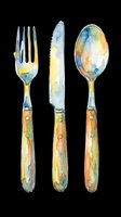 Watercolor cutlery set with fork, knife, and spoon isolated on transparent background. Great for kitchen clipart, stickers, t-shirt design, and print on demand.