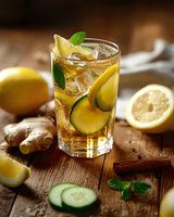 Refreshing iced tea with cucumber, lemon slices, ginger root and mint leaves on rustic wooden table. Healthy summer drink garnished with fresh ingredients.