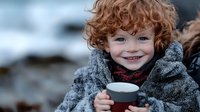 Cheerful redhead child with curly hair wearing warm winter coat and scarf, holding hot drink outdoors on cold day. Natural genuine smile and rosy cheeks.