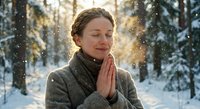 Young woman meditating with prayer hands in snowy winter forest during golden hour sunrise, peaceful mindfulness and spiritual wellness concept.