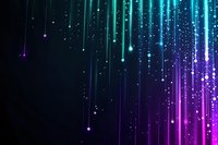 Glowing neon lines and particles falling against dark background create magical light effect in turquoise blue and purple colors for abstract backgrounds.