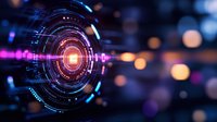 Futuristic technology concept with glowing circular interface and digital HUD elements on dark background with bokeh lights and neon blue pink accents.