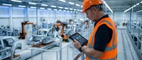 Industrial engineer in orange safety vest and hard hat using tablet computer in modern automated manufacturing facility with robotic assembly line.