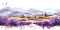 Watercolor rural landscape with purple lavender fields in foreground, distant mountains and Mediterranean village with cypress trees against misty hills background.