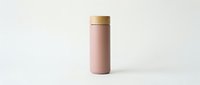 Sleek rose pink insulated water bottle with wooden bamboo cap on white background, ideal for beverage storage and eco-friendly lifestyle branding.
