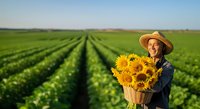 Farmer holding bouquet of sunflowers standing in vast green crop field during harvest season, agricultural worker in straw hat posing outdoors.
